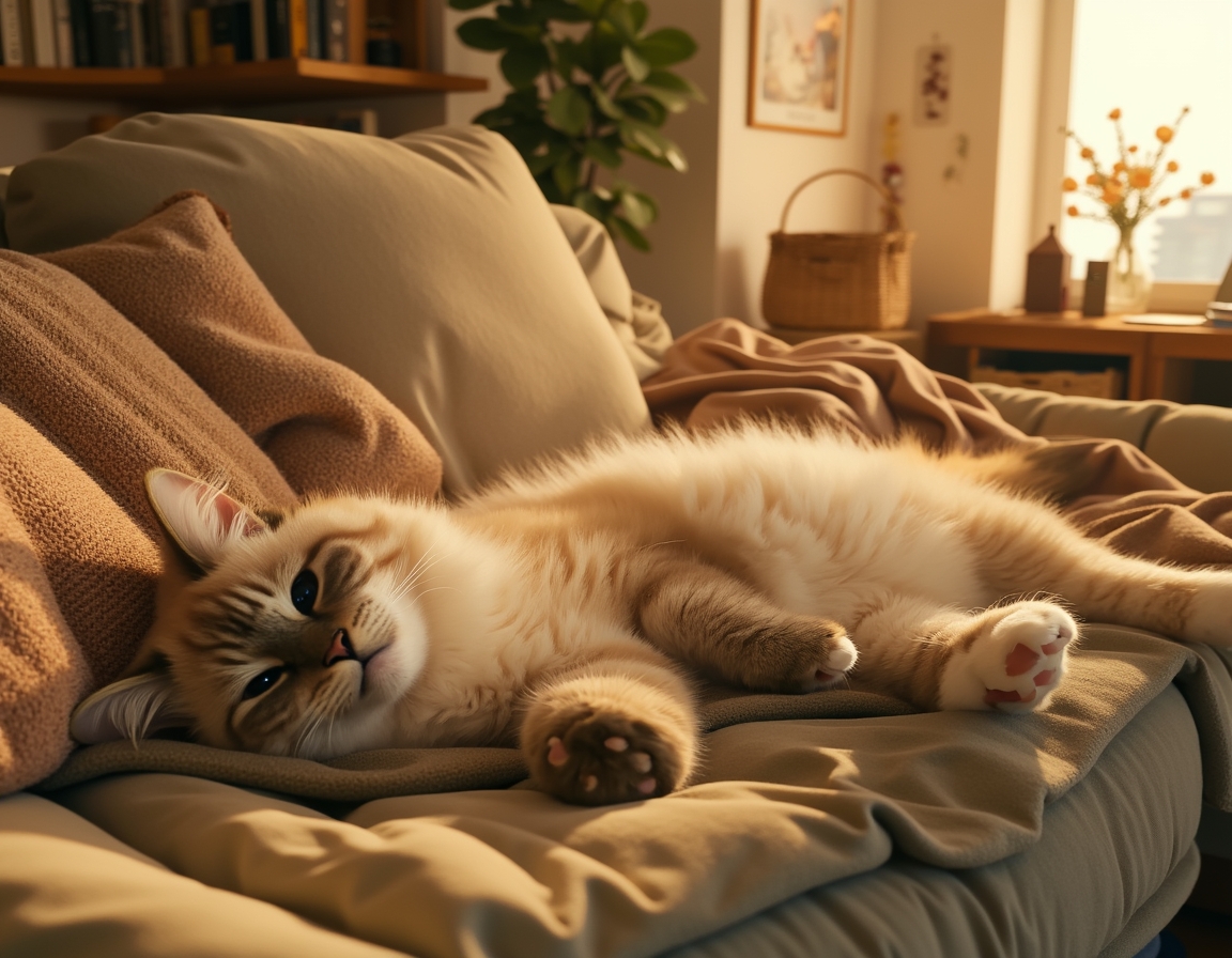 Cat sprawls lazily on a cozy couch, surrounded by decorative pillows and a draped blanket. Soft natural light from a window illuminates its fur, creating a calm, homely atmosphere.